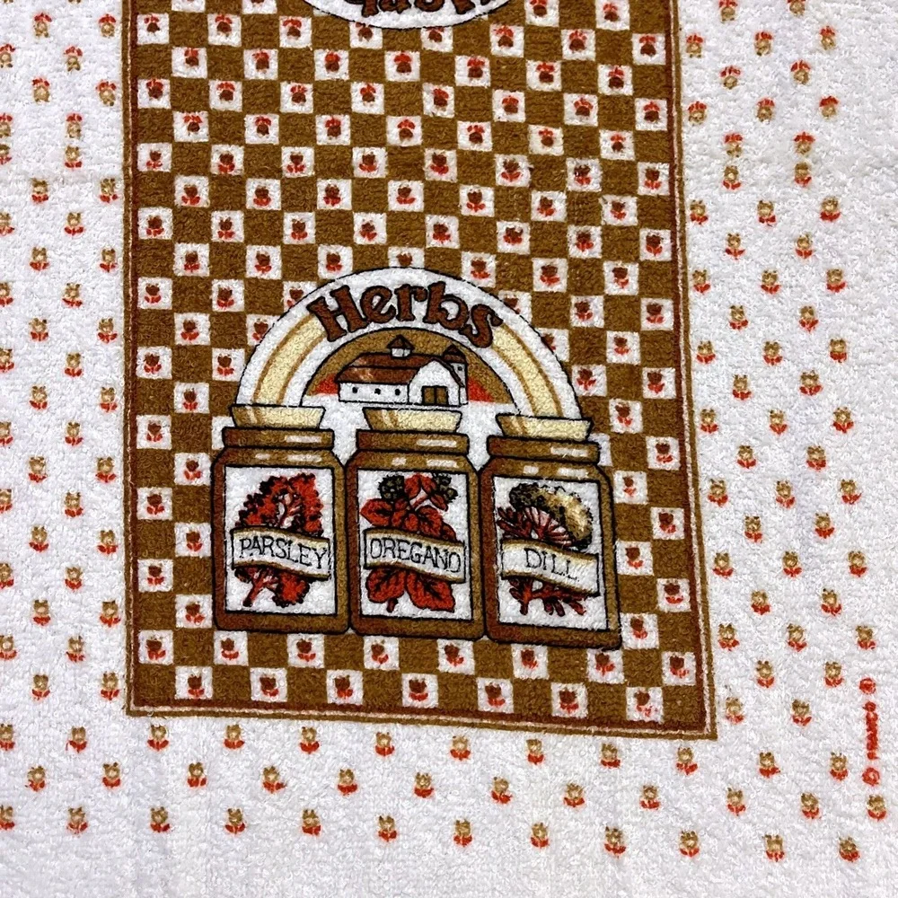VTG CANNON HERBS Hand‎ Kitchen Towel Fringe 70s NOS Farmhouse Tulips Checkered